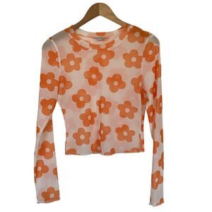 Pretty Garbage Womens‎ Mesh Long Sleeve Floral Crop Top Size L Orange White